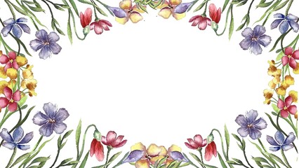 Watercolor floral frame with wildflowers on a soft green background. Elegant botanical design greeting cards, invitations, and wedding templates. Hand-painted artistic composition with pastel tones.