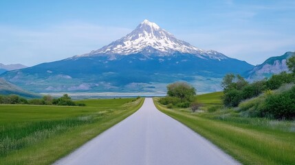 Fototapeta premium A scenic road leads towards a majestic snow-capped mountain. Lush green fields flank the road, creating a tranquil landscape. The image boasts high resolution and vibrant colors, conveying a serene mo