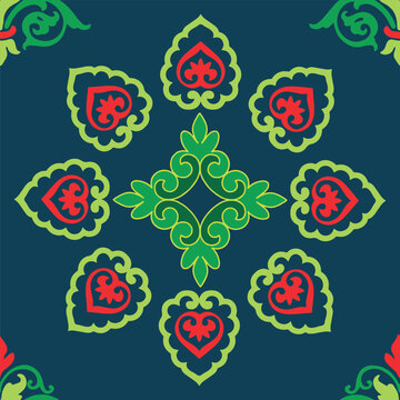 Tatar seamless pattern. Islamic tulip, floral geometry. Culture of the Tatar people, symbols of green and red