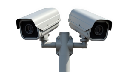 A close up of two white security cameras mounted on a pole against a black background outdoors