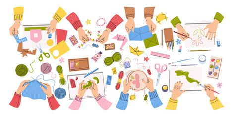 Human artist hands doing creative handwork engaged in DIY hobbies and decorative art hand-drawn set