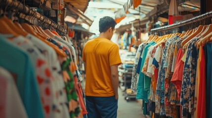 Obraz premium Man Browsing Clothes at Outdoor Market Stall Looking for Apparel