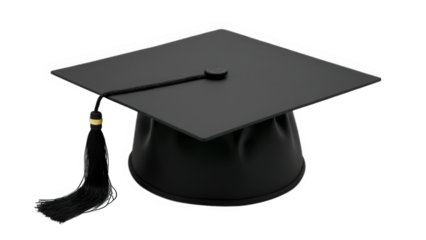 A close up shot of a black graduation cap with a tassel on a black background in studio lighting