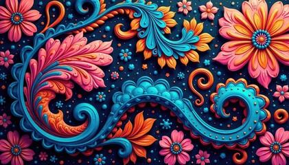 Intricate paisley floral swirls in vibrant hues, wallpaper, abstract, yellow