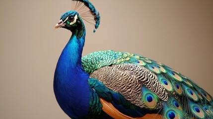 Obraz premium A blue and orange peacock stands in front of a white wall