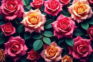 Intricate, repeating rose blossoms in vibrant hues , design element, background, repeating pattern