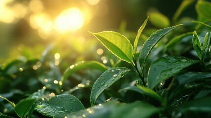 Obraz premium Tea plant with fresh lush leaves in plantation farm land in Spring.