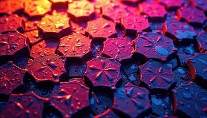Intricate tessellation of hexagons in vibrant hues, motif, structure, surface