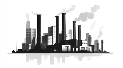 Obraz premium Industrial cityscape, factory buildings, smoky chimneys, urban landscape, illustration, graphic design, background, printable