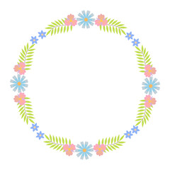 Round floral wreath of decorative whimsical flowers, leaves, simple frame design element for wedding, birthday, card, background, invitation, sticker, decoration