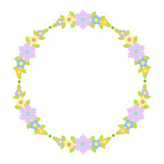 Round floral wreath of decorative whimsical flowers, leaves, simple frame design element for wedding, birthday, card, background, invitation, sticker, decoration