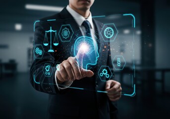 Businessman interacting with digital interface featuring brain and justice icons in a suit