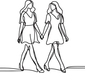 Two Women Walking Together in Line Art Style