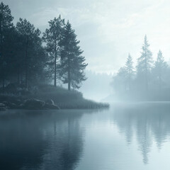 Fototapeta premium Serene Lake and Forest: A tranquil scene where a calm lake mirrors a hazy, mysterious forest on its serene surface, creating a symphony of calmness.