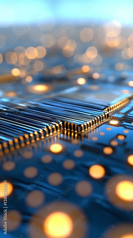 Poster macro view of electronic circuit board with processor and glowing elements against blue background w