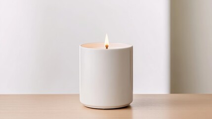 A lit white candle sits on a light wood surface. The candle is cylindrical and in a minimalist style. The image is high quality with soft lighting. Warm, calming colors create a peaceful mood. The b