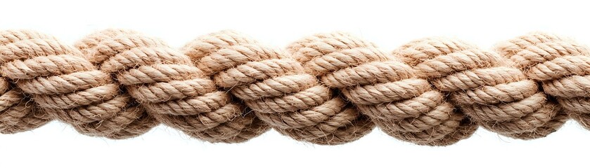 Twisted natural jute rope in spiral pattern isolated on white background, showing detailed fiber texture and braided structure for marine and decorative designs.