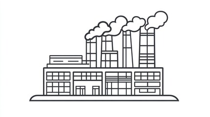 Obraz premium Industrial plant illustration, factory building, smoke stacks, landscape, clean line art, stock image, for use in publications, presentations, or educational material