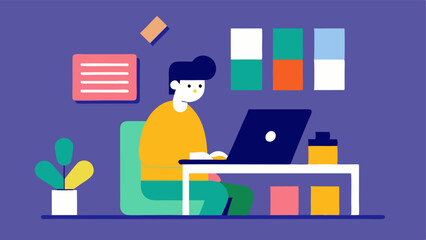 Designer at Laptop A designer sitting at a desk with a laptop sketching room layouts while surrounded by color swatches and fabric samples.