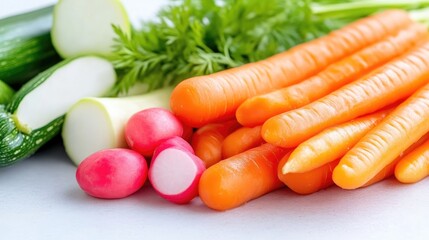 Freshly harvested vegetables including carrots, radishes, and cucumbers arranged on a white surface, vibrant colors and natural setting, and healthy eating concept.