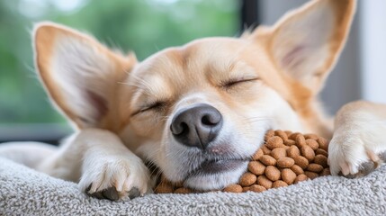 Sleepy dog resting, enjoying a treat