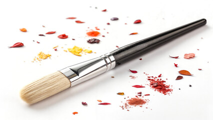 Fototapeta premium Art Brush with Paint Powder and Decorative Petals on White Background.