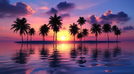 Obraz premium Palm Trees Island at Colorful Sunset Reflections on Water Surface