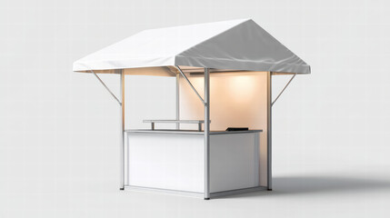 Booth: A clean, modern booth with a white canopy and minimalist design, perfect for events. Focus on a small stall for sales or display