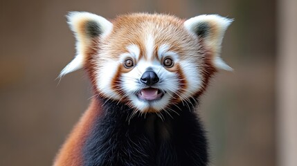 Close-up of a red panda looking directly at the camera with a playful expression.  Fluffy fur, distinct facial markings, and an open mouth