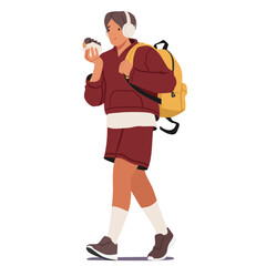 Teenage boy student cartoon character eating fast food snack on the go isolated on white background