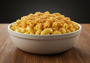 Macro shot of mac and cheese, with tender pasta and crunchy breadcrumbs on top, placed in a bowl on a wooden table. Soft lighting highlights the inviting golden hues for a professional shot.

