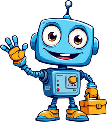 Fototapeta premium Cheerful Cartoon Robot Character Waving Hello While Holding a Toolbox, Perfect for Fun Technology Illustrations and Creative Designs