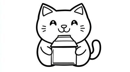 Cute cartoon cat holding milk carton. Coloring book image.  Possible use Children's book illustration