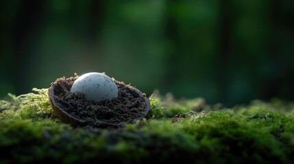A delicate white egg nestled in the hollow of a nut shell, surrounded by moss and forest floor
