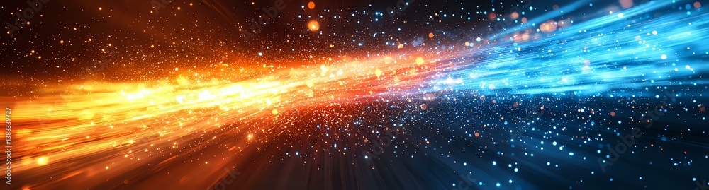 Poster cosmic energy collision in space showing orange and blue light streams with stars and particles crea