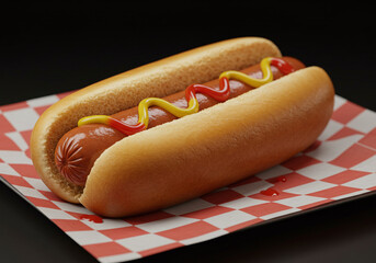 Close-up of a classic hot dog with mustard and ketchup on a checkered paper tray. High-res shot emphasizes the glossy sausage, toasted bun, and vibrant condiments with rich tones.
