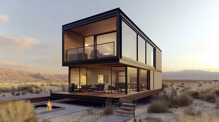 Modern Desert House: A minimalist two-story dwelling, with expansive glass walls and a wooden facade, seamlessly blends with the arid landscape, showcasing modern architecture and harmony with nature.