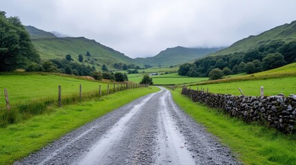 Fototapeta premium Country lane winding through lush green valley
