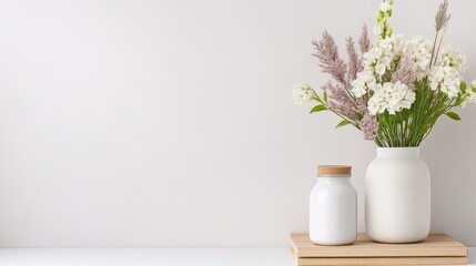 A white ceramic vase filled with delicate flowers and a small jar on a wooden stand against a minimalist light grey wall, and elegant home decor concept.