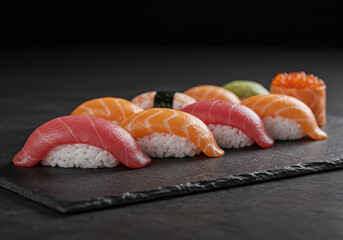 Close-up shot of a premium sushi platter on a matte black slate plate. Vibrant tuna, glossy salmon, and delicate rice textures highlighted in high resolution with soft, elegant lighting.