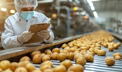 Quality control specialist in protective workwear inspecting fresh potatoes on industrial conveyor belt production line in food processing facility. Manufacturing safety.