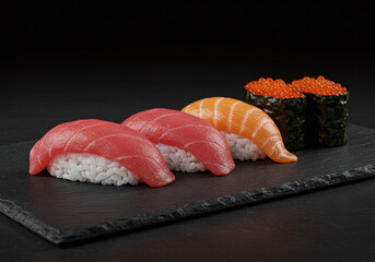 Macro shot of a premium sushi platter on matte black slate, showcasing vibrant tuna, salmon, and delicate rice textures. The sleek design and soft lighting create an elegant, appetizing look.

