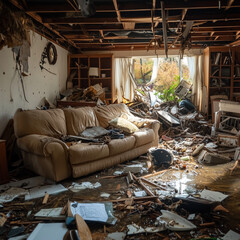 A home after a natural disaster ravages the area and causes flooding and destruction