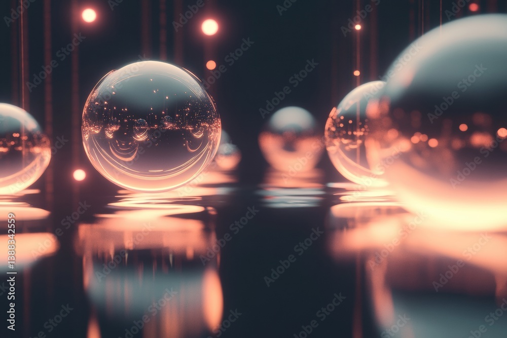 Aufkleber Floating holographic spheres creating a futuristic atmosphere with glowing reflections under a digital landscape