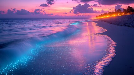 A peaceful beach at dusk, glowing bioluminescent waves rolling onto the shore, the sky painted with soft pinks and purples,