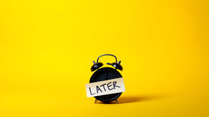 A black alarm clock against a yellow background has a sticky note that reads "LATER" indicating procrastination or a delay in planned activities.