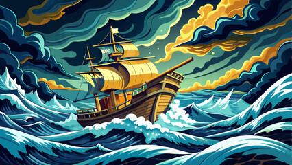 A ship battling fierce waves in a rough sea landscape, under heavy clouds