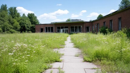 Abandoned school grounds overgrown with weeds. Pathway leading to building