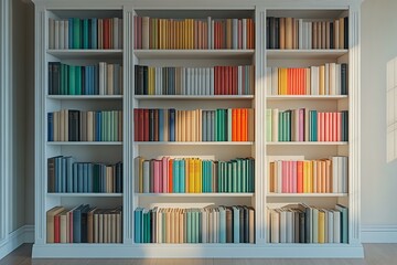 Books arranged by color on white built-in bookshelf creating rainbow spectrum pattern. Modern minimalist library interior with organized literature collection.