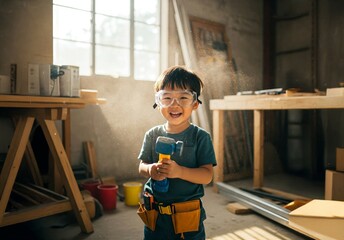 Smiling Asian boy in safety goggles holding toy hammer and wearing tool belt in sunlit workshop. Concept of child creativity, pretend play, DIY learning, construction fun